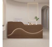 Escritorio de recepción de salón natural con cajones, elegante mesa de recepcionista, recepción de oficina con almacenamiento y tiras de luz LED para pequeñas empresas