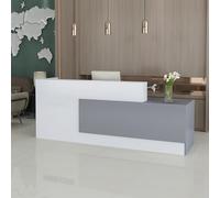 Escritorio de recepción en forma de L con mostrador, cajones con cerradura y almacenamiento, mostrador de recepción moderno de 47 a 118 pulgadas, escritorio de recepcionista de oficina gris + blanco