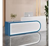 Escritorio de recepción moderno con iluminación ambiental. Elegante mesa de oficina para restaurantes y salones de belleza, madera de ingeniería (acabado blanco y azul)