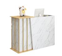 Escritorio de recepción, mostrador de recepción de oficina simple y moderno, mesa pequeña para computadora con armario de almacenamiento para espacios limitados, color blanco roto