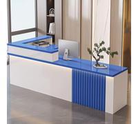 Escritorio de recepción para salón y negocios, 120 cm, color blanco y azul, moderno mostrador de recepción con tira de luz LED, muebles de recepción para vestíbulo