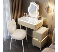 Escritorio de tocador blanco, mesa de maquillaje de madera con taburete acolchado, ideal para niñas y mujeres, dormitorio y vestidor, solución moderna de espacio pequeño (mesa blanca, caqui suave, 60