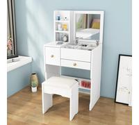 Escritorio de tocador con espejo abatible, tocador de maquillaje 3 en 1 con cajones y silla oculta para espacios pequeños y artículos esenciales de belleza organizados