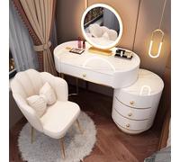 Escritorio de tocador con espejo y luces, 3 modos de iluminación de color, tocador de longitud ajustable con 5 cajones, tocador de dormitorio con patas envueltas de cuero y metal