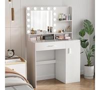 Escritorio de Tocador con Espejo y Luces para Niña, Escritorio de Maquillaje Blanco con Cajones y Gabinete para Dormitorio, 3 Modos de Iluminación y 10 de Brillo, Tocador para Vestidor