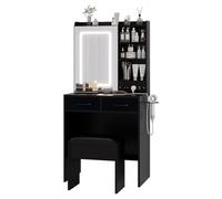Escritorio de tocador con luz LED con espejo, mesa de tocador de maquillaje con estación de carga, 3 modos de iluminación, taburete de almacenamiento acolchado, control táctil, mueble de tocador de