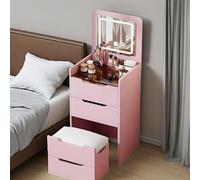 Escritorio de tocador rosa con espejo y luces, mesa de maquillaje compacta 3 en 1 con taburete acolchado y 3 cajones, tocador pequeño para dormitorio, 23.6 pulgadas de largo x 15.7 pulgadas de ancho x