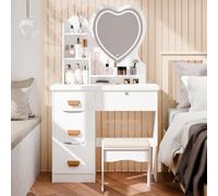 Escritorio de vanidad en forma de corazón con espejo LED, 3 colores y 4 cajones, conjunto de maquillaje taburete cojín, brillo ajustable, tocador moderno blanco para mujeres/dormitorios regalo blanco