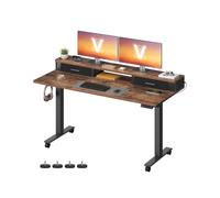 VASAGLE Escritorio Eléctrico, Regulable en Altura, 140 x 60 x (72-120) cm, Ajuste Sin Escalonamiento, con Soporte para Monitor, Regleta, Gancho, Función Memoria, Marrón Rústico LSD184KD02