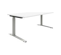 Escritorio en blanco/aluminio plata eurokraft pro, armazón de patas en C, altura regulable eléctricamente