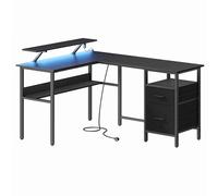 Escritorio en L con Regleta, Escritorio Esquinero, Elevador de Pantalla, LED, 2 Cajones, 2 Puertos USB, Negro