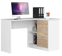 Escritorio esquinero AKORD B16 Blanco 124 cm con lado derecho 3 cajones frente en color Roble Sonoma 2 estantes 124x85x77 cm