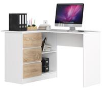 Escritorio esquinero akord b16 blanco 124 cm izquierda 3 cajones color roble sonoma mate 2 estantes 124x85x77 cm