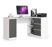 Escritorio esquinero AKORD B20 Blanco 155 cm con lado derecho 1 puerta 3 cajones frente en color Grafito Gris 4 estantes 155x85x77 cm