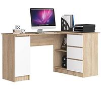 Escritorio esquinero AKORD B20 Roble Sonoma 155 cm con lado derecho 1 puerta 3 cajones frente en color Blanco 4 estantes 155x85x77 cm