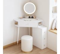 Escritorio esquinero blanco claro con espejo de brillo ajustable, armario lateral de 1 cajón y estantes abiertos para almacenamiento de dormitorio, 50,1 x 50 x 78 cm, muebles blancos modernos