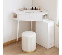 Escritorio esquinero blanco claro con espejo de brillo ajustable, mesa auxiliar de 1 cajón y estantes abiertos para almacenamiento de dormitorio, 50 x 50 x 78 cm, muebles blancos elegantes