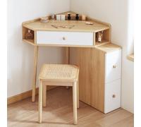 Escritorio esquinero blanco de brillo ajustable con espejo, 1 cajón, estantes abiertos, mesita de noche para dormitorio, acabado blanco claro, 50,1 x 50 x 78 cm, color madera, 50 x 50 x 78 cm