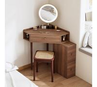 Escritorio esquinero blanco de brillo ajustable con espejo, 1 cajón y estantes abiertos para dormitorio, acabado blanco claro, 50,1 x 50 x 78 cm, color nogal