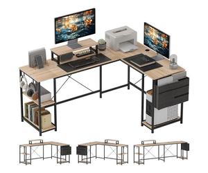 Escritorio Esquinero Reversible HOMCOM Configurable 168-240 cm Acero y Madera Natural
