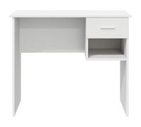 Escritorio Fang blanco con cajón integrado y estantería lateral, compacto y resistente