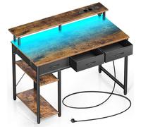 Escritorio Gaming con Cajones, Mesa Escritorio Led con Tomas de Corriente y Puertos USB, Escritorio para Ordenador con Soporte para Monitor, Estantes Ajustables para el Hogar (marrón vintage, 100cm)