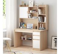 Escritorio moderno con almacenamiento, escritorio para computadora con estantes y cajones, estación de trabajo de oficina en casa, elegante mesa de madera para estudio y espacio de trabajo