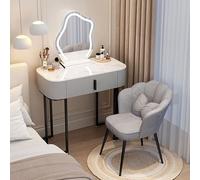 Escritorio moderno con espejo y luces LED, mesa de maquillaje de madera con cajones, tocador compacto para dormitorio, iluminación de 3 colores, patas de hierro resistentes (negro, 50 unidades)