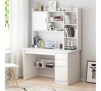 Escritorio moderno con estantes, estación de trabajo de oficina con almacenamiento y estantería, escritorio de madera para computadora con cajones para oficina en casa (39 x 18 x 64 pulgadas, blanco)