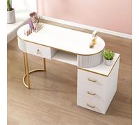 Escritorio moderno con tecnología de uñas, elegante mesa de manicura de madera con cajones y estación de trabajo de belleza de almacenamiento de 3 niveles para salón, spa y arte de uñas en casa (oro
