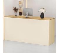 Escritorio moderno de madera y blanco crema con cajón con cerradura, elegante mostrador frontal que ahorra espacio de 110 cm para el hogar y el comercio minorista, mueble de recepción ideal para