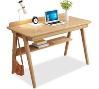 Escritorio para computadora con patas de madera maciza, estación de trabajo moderna de mediados de siglo, mesa de escritura pequeña con ganchos laterales para dormitorio, escritorio que ahorra espacio