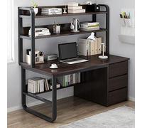 Escritorio para computadora de nogal negro de 47 pulgadas con gabinete y estantería, estación de trabajo para el hogar y la oficina, escritorio de estilo industrial con 3 cajones para una ordenación