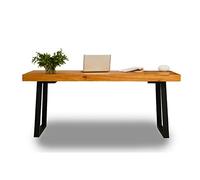 Escritorio para computadora Escritorio de oficina de madera maciza con marco de hierro forjado, escritorio de 5 cm de espesor, mesa de conferencias, longitud de la mesa 120-220 cm, fácil de montar (
