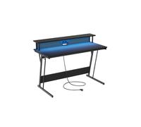 VASAGLE Escritorio para Juegos con Luces LED y Tomas de Corriente Incorporadas, Escritorio con Estante para 2 Monitores, Mesa para Oficina Dormitorio, 55 x 135 x 76 cm, Negro Carbón LWD117B02