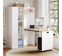 Escritorio plegable con estantes, estantería y escritorio 2 en 1, plegable, con toma de corriente y puerto USB, estantes ajustables en altura, protección antivuelco, escritorio de esquina blanco