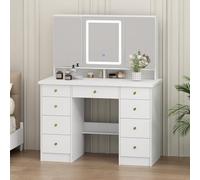 Escritorio Vani blanco con luz LED con 3 espejos, mesa de maquillaje con 9 Ders y tocador de brillo ajustable oculto para dormitorio, maquillaje perfecto