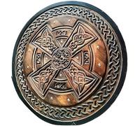 Escudo medieval redondo de madera de 61 cm tallado a mano, tallado en cruz, guerrero, caballero, batalla, cosplay, escudo marrón