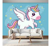 Escultura 3D De Estrella Unicornio Papel Panorámico 450x356cm, Cuento de hadas de fantasía Papel Pintado De Seda, Grandes Murales Para Salón Sala De Estar Estudio Decoración, azul y rosa