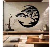 Escultura Colgante de Pino bonsái japonés, Arte Minimalista Moderno de Metal para Pared, Ideal para Sala de Estar, Dormitorio y Oficina (Negro, 70 x 70 cm, sin Marco)