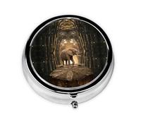 Escultura de elefante. Este pequeño pastillero redondo es un organizador portátil de medicamentos de viaje con tres compartimentos para almacenar medicamentos diarios.