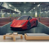 Escultura mural de superdeportivo rojo elegante en garaje de estacionamiento - Papel tapiz artístico industrial automotriz moderno para pared de relieve en dormitorio 250x175cm (No es autoadhesivo)