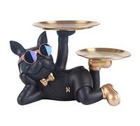 Esculturas Perro Resina DecoracióN Bulldog FrancéS, Estatua Mayordomo 2 Bandejas, Almacenamiento Soporte Llaves Bandeja Estatua, Adorno Escritorio Hogar, Regalo para Los Amantes De Los Perros (Negro)