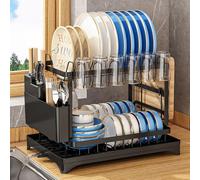 Escurreplatos con Drenaje, Escurridor de Platos de 2 Niveles con Bandeja de Goteo, Soporte para Utensilios y Caño Giratorio para Fregadero (Negro)