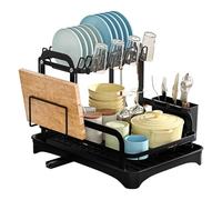 Escurreplatos de 2 niveles con soporte para tabla de cortar, estante de drenaje para fregadero con bandeja de goteo y tapete de secado, organizador de encimera de cocina que ahorra espacio, soporte de