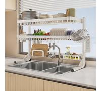 Escurreplatos de 2 niveles para fregadero, escurridor de doble capa gris para platos, cuencos, tazas, ollas, sartenes, cubiertos y escurridor de cocina