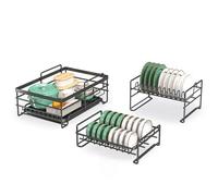 Escurreplatos de 3 niveles con bandeja de goteo que ahorra espacio, para encimeras de cocina pequeñas, incluye portavasos, elegante diseño negro para un secado eficiente de los platos