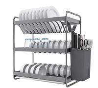 Escurreplatos de acero inoxidable de 3 niveles con bandeja de goteo, 44 x 25 x 48 cm, estante de secado gris para encimeras de cocina pequeñas, nizer que ahorra espacio