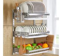 Escurreplatos De Acero Inoxidable, Organizador De Cocina De 3 Niveles Montado En La Pared Con Ganchos Para Platos, Soporte Para Cubiertos, Solución De Almacenamiento Para Ahorrar Espac(Color:Plateado)