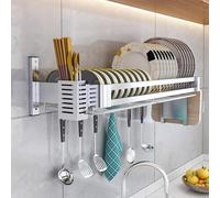 Escurreplatos de acero inoxidable para montaje en pared con bandeja de goteo, soporte para cubiertos y estante, solución de almacenamiento de cocina que ahorra espacio